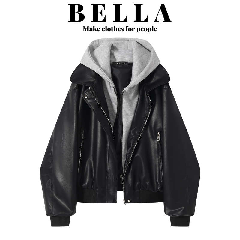 Bella Black Faux Two-Piece Hooded Leather Jacket for Women, Autumn and Winter Vintage High-End Long Pu Leather Biker Jacket