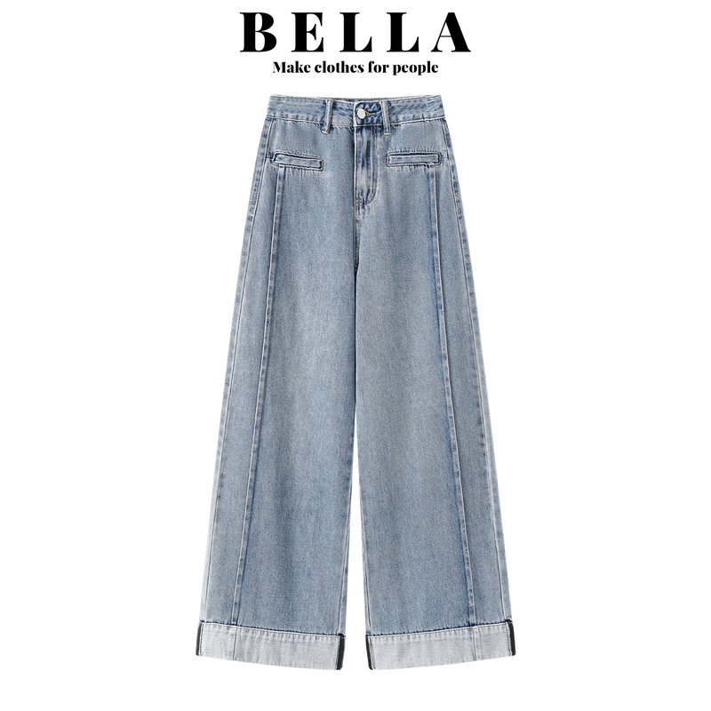 Bella Light Blue Straight-Leg Cuffed Jeans for Women, Summer Design, Straight-Leg, Loose, Slimming, Cropped Wide-Leg Pants