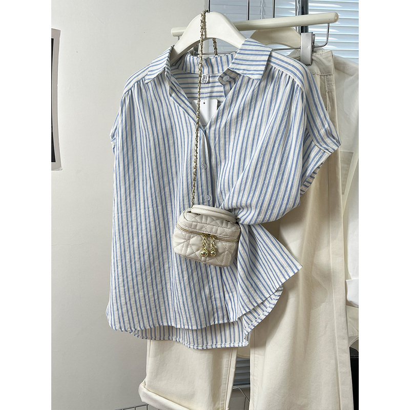 Blue Vertical Striped Short-Sleeved Shirt for Women, Summer Design, Niche French Style, Petite Shirt, Casual Loose Top Blue Vertical Striped Short-Sleeved Shirt for Women, Summer Design, Niche French Style, Petite Shirt, Casual Loose Top