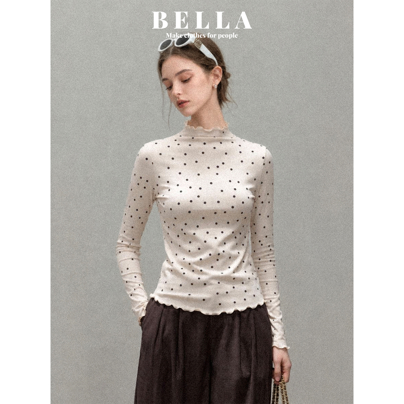 Bella Korean-Style Polka Dot Ruffled Half-High Collar Long-Sleeve T-Shirt for Women, Autumn Elegant and Gentle Base Layer Top Bella Korean-Style Polka Dot Ruffled Half-High Collar Long-Sleeve T-Shirt for Women, Autumn Elegant and Gentle Base Layer Top