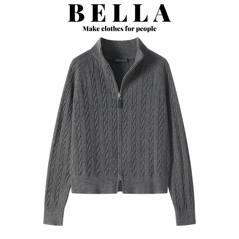 Bella Gray Cable Knit Double Zipper Stand Collar Cardigan Jacket for Women, Autumn and Winter, Petite Lapel Sweater Top