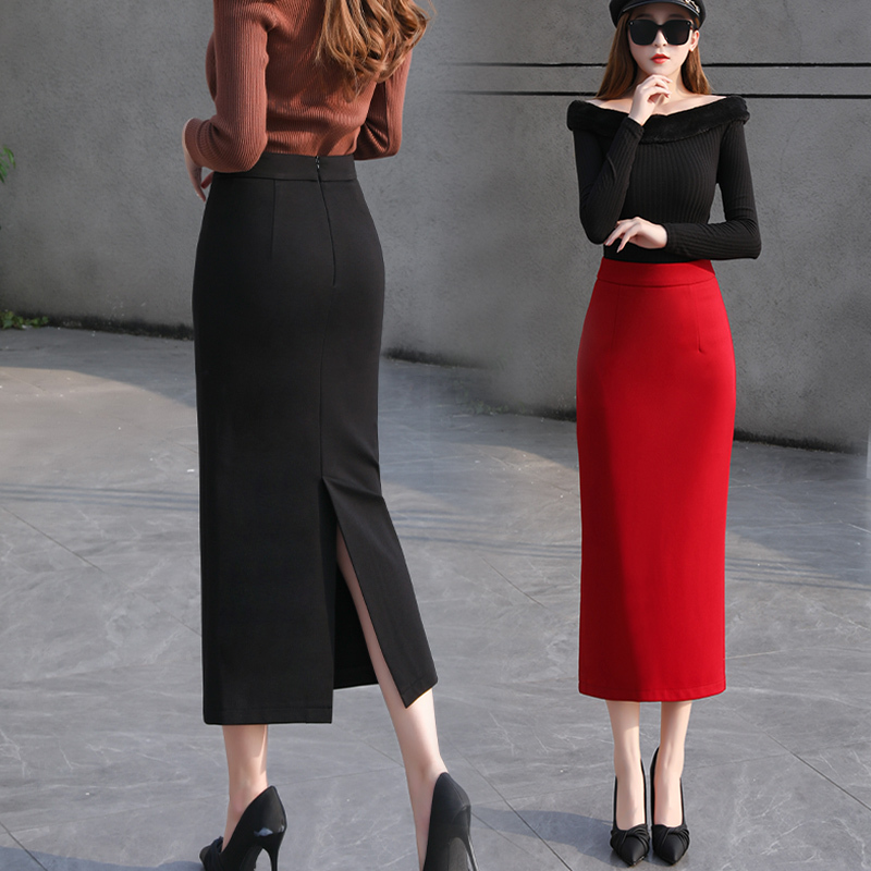 Women's Skirt, Long Skirt, Black Skirt, Spring and Autumn Elastic Hip-Hugging Skirt, Pencil Skirt, High-Waisted Skirt, Professional Straight Skirt