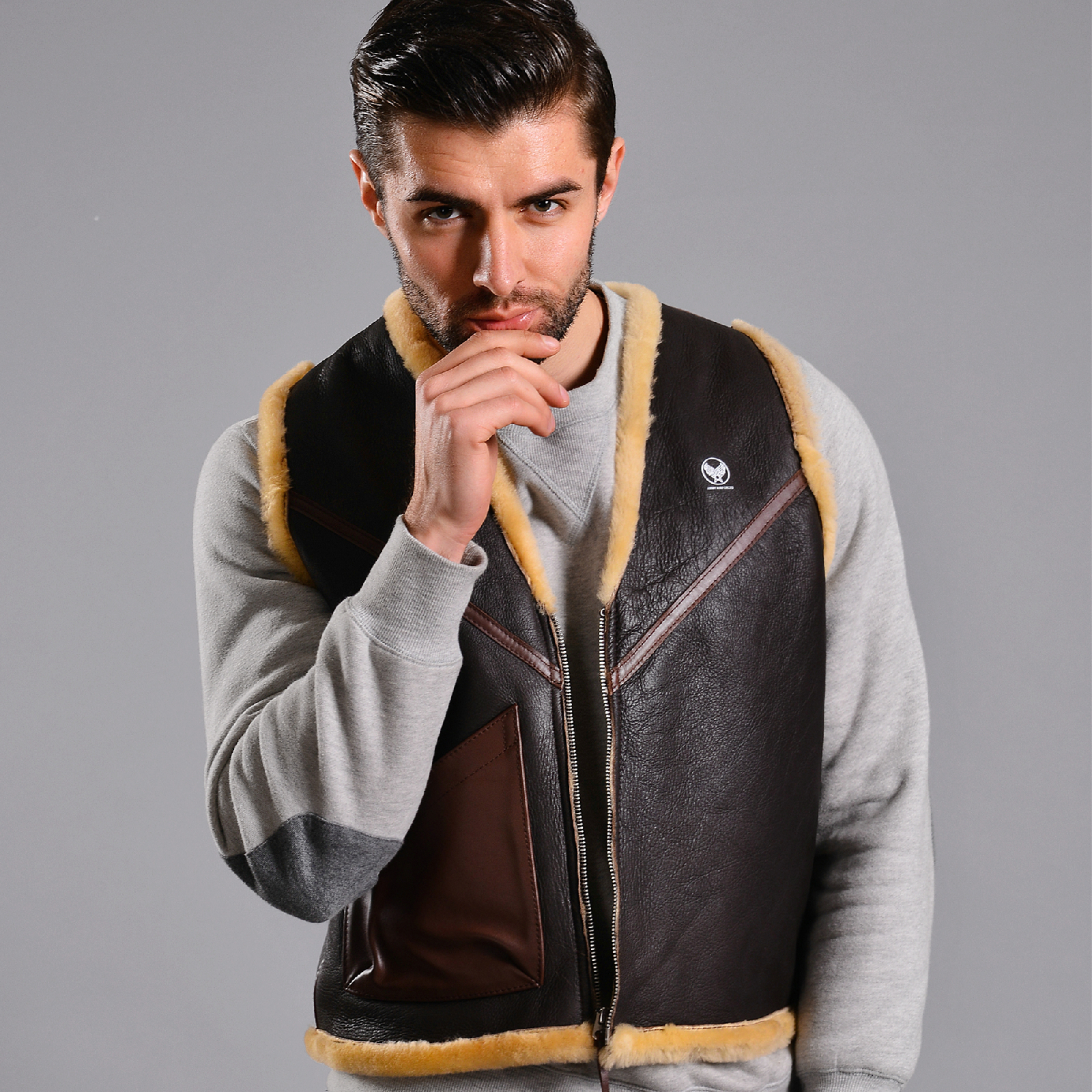 Original Imported High-end Genuine Leather Men's Fur Integrated Retro Flight Waistcoat C3 Wool shoulder