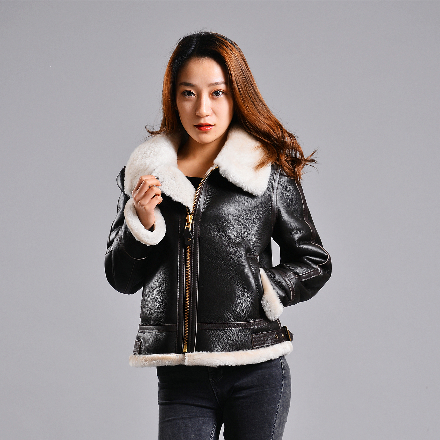 US imports high-end COCKPIT women's B3 lamb fur integrated flying leather coat B-3 winter thickened jacket