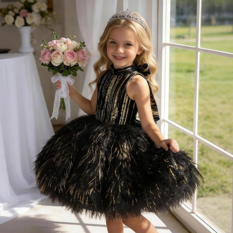 Girls' High-End and Luxurious Birthday Party Evening Dress, Kidsren's Black Furry Piano Performance Princess Dress