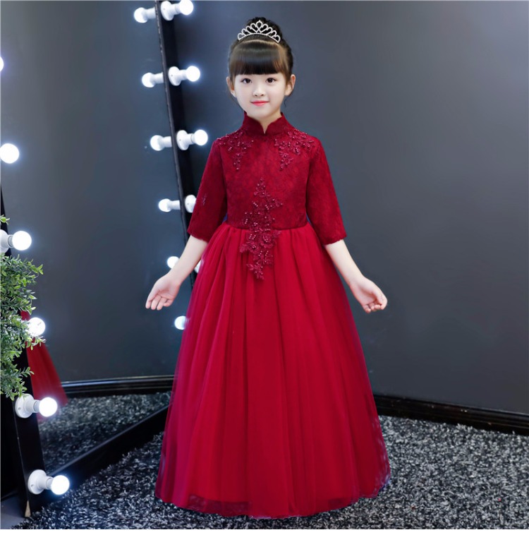 Mùa thu và mùa đông sườn xám mới hoa cô gái cưới cô gái váy dài tay trẻ em trang phục cô gái váy Trung Quốc váy dự tiệc trẻ em cao cấp