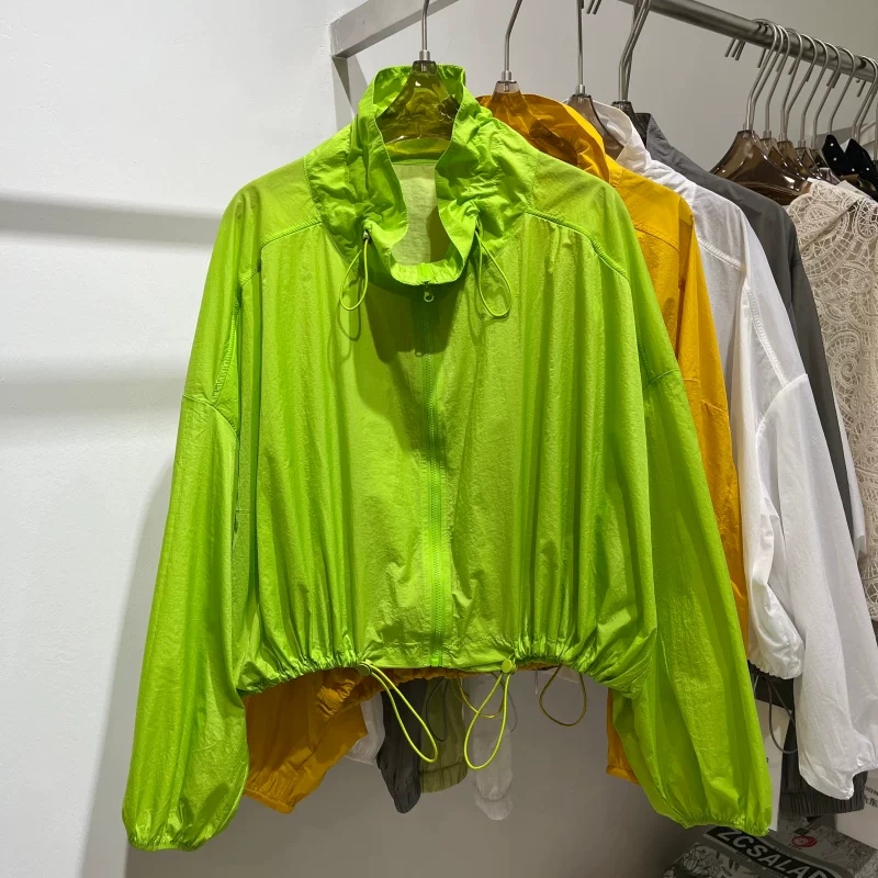 Candy-Colored Floral Stand-Up Collar Ruched Lightweight Sun Protection Jacket for Women, Loose Casual Style, Super Popular, Age-Reducing Short Jacket