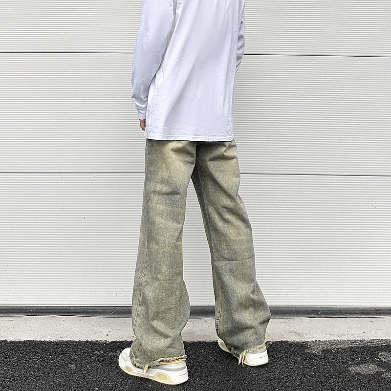 Vintage übergroße Split Deconstructed Herren breite Jeans Baggy Yellow Mud Dyed Washed Denim Jeans Cat Whisker Straight Denim Hose – Detail 5