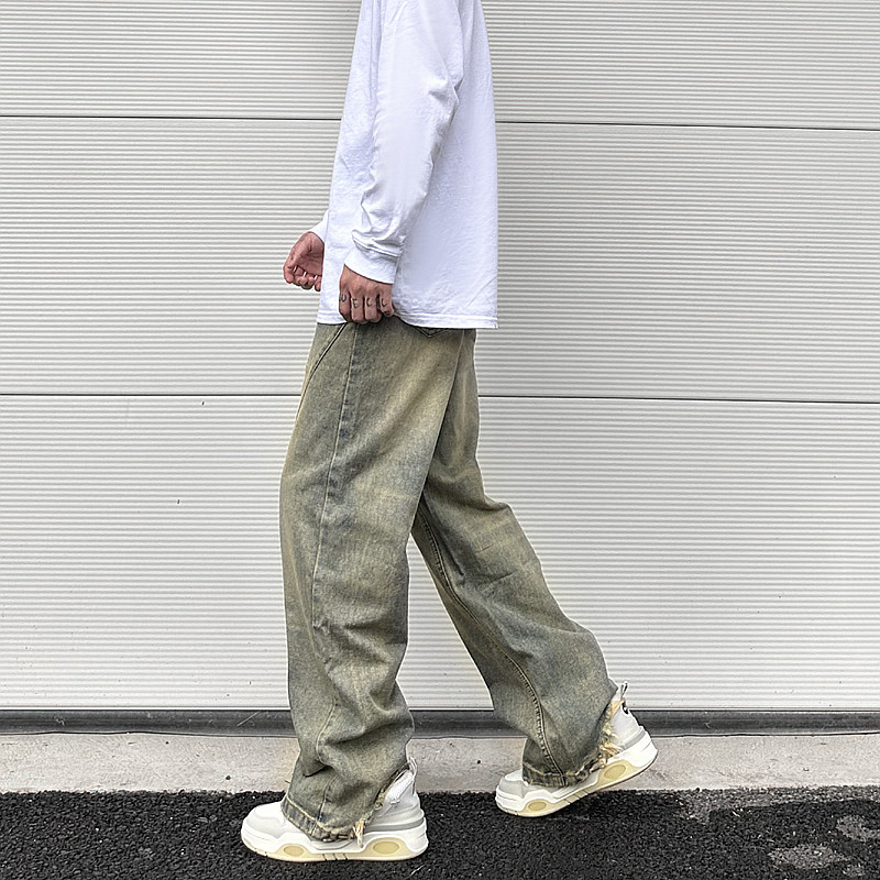 Vintage übergroße Split Deconstructed Herren breite Jeans Baggy Yellow Mud Dyed Washed Denim Jeans Cat Whisker Straight Denim Hose – Detail 6