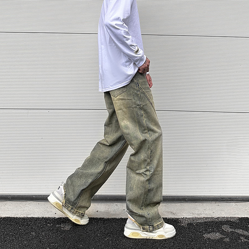 Vintage übergroße Split Deconstructed Herren breite Jeans Baggy Yellow Mud Dyed Washed Denim Jeans Cat Whisker Straight Denim Hose – Detail 7