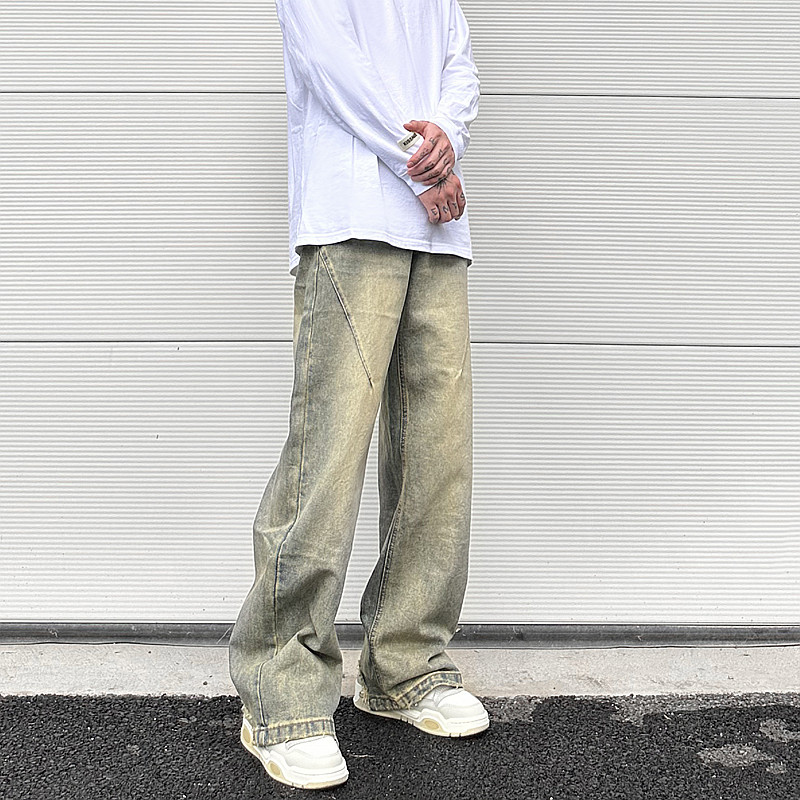 Vintage übergroße Split Deconstructed Herren breite Jeans Baggy Yellow Mud Dyed Washed Denim Jeans Cat Whisker Straight Denim Hose – Detail 4