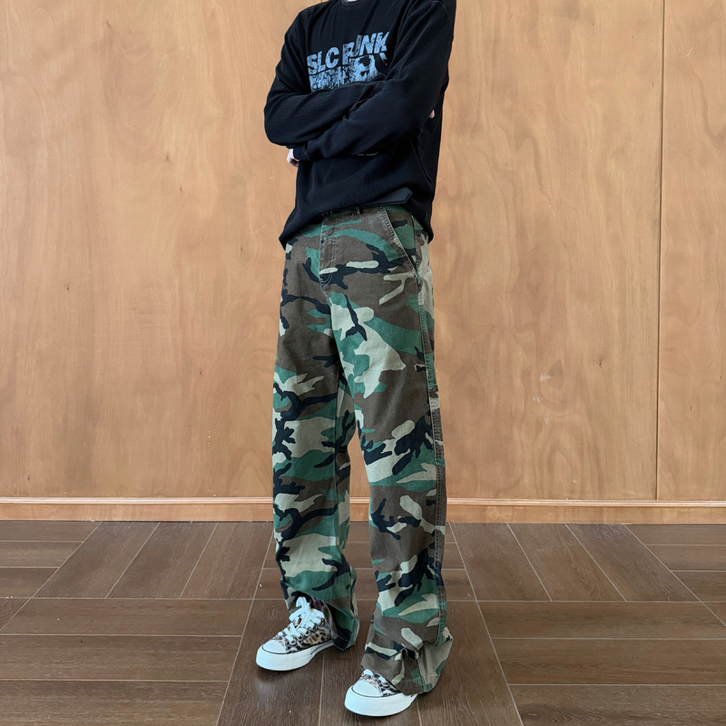 Kissnate Autumn and Winter Camouflage Leopard Print Patchwork Scimitar Pleated Workwear Lumberjack Pants Washed Vintage Pants