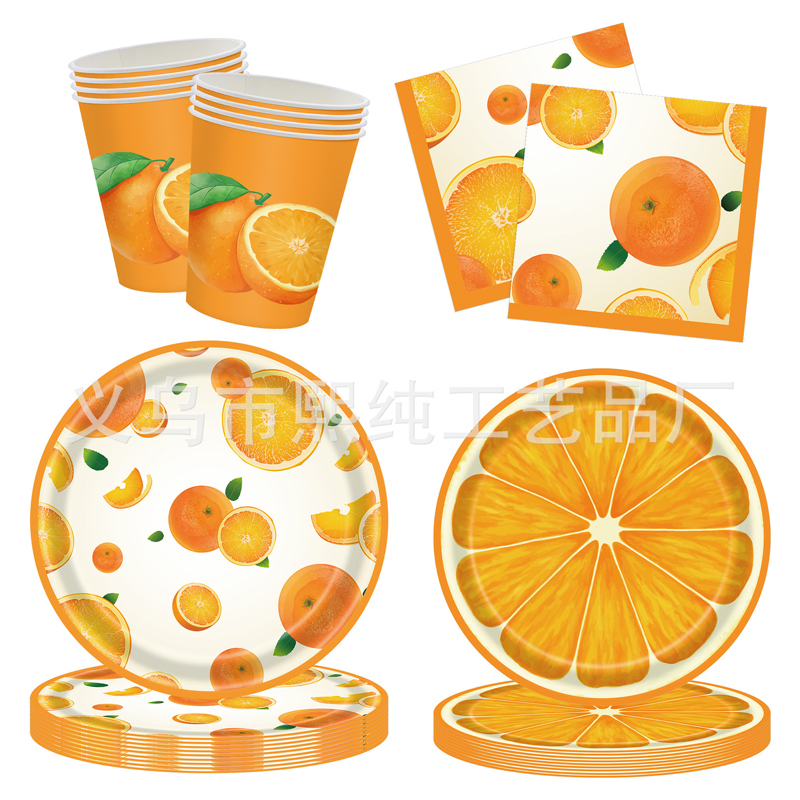 Fruit Orange Themed Birthday Party Decoration Tableware Orange Plate Paper Plate Napkin Paper Cup Knife Fork Spoon