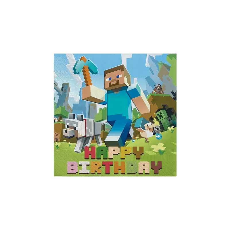 Сервировка на день рождения для детей Minecraft: декоративные пиксельные тарелки бумажные тарелки бумажные стаканы скатерть