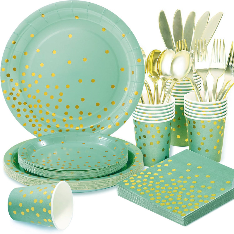 Sage Gold-Stamped Green Tableware Set Birthday Party Decoration Disposable Paper Plates Paper Cups Paper Napkins Tablecloth Dinner Plates