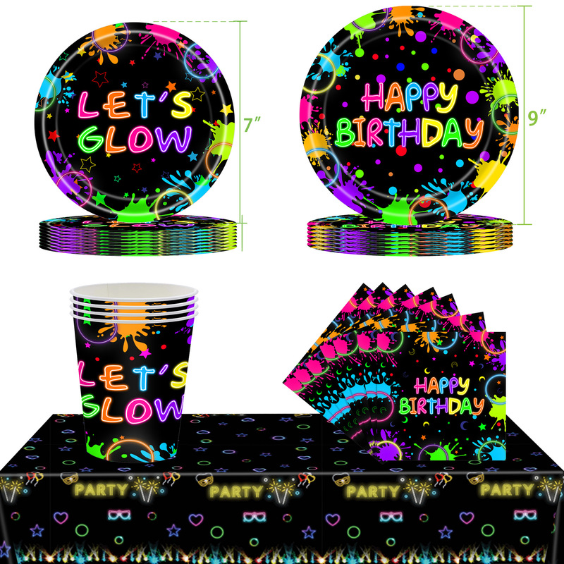 Glowing Theme Party Tableware Let's Glow Birthday Party Neon Dance Party Decoration Supplies Paper Plates and Cups