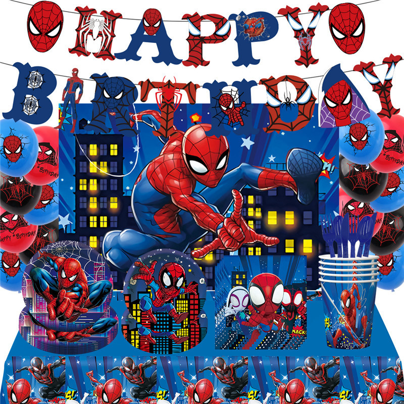 Spider-Man Themed Birthday Party Decoration Supplies Superhero Banner Paper Plates Paper Cups Tablecloth Backdrop Set