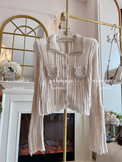 Mohair Diamond Sweater Women's 2026 Spring New Loose Pullover Single-breasted Lazy Knitted Sweater Cardigan