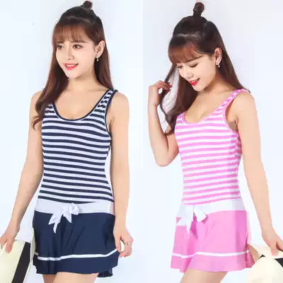 Women's swimwear conservative girl hipster cute striped with chest pad dress style swimming suit female student
