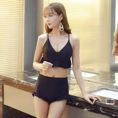 Two-piece swimsuit women's high waist wooden ear triangle black bikini sexy eye-absorbing steel support gathering swimsuit hot spring