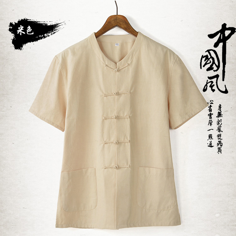 Full cotton Tang suit Summer Chinese T-shirt disc buckle shirt men short sleeve blouses pure cotton loose casual half sleeve men's clothing