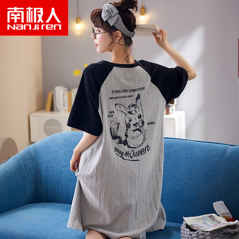 Sleeping Skirt Woman Summer Pure Cotton Short Sleeve Pyjamas 2022 New Students Spring Autumn Ladies' Thin Summer Ocean Dress