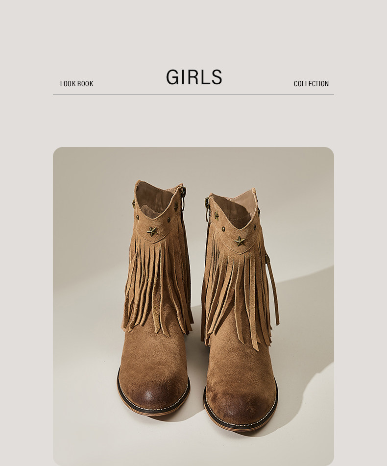 Западные Boots 星期六复古粗跟马丁靴女短靴2025新款磨砂流苏铆钉加绒西部牛仔靴 St&Sat