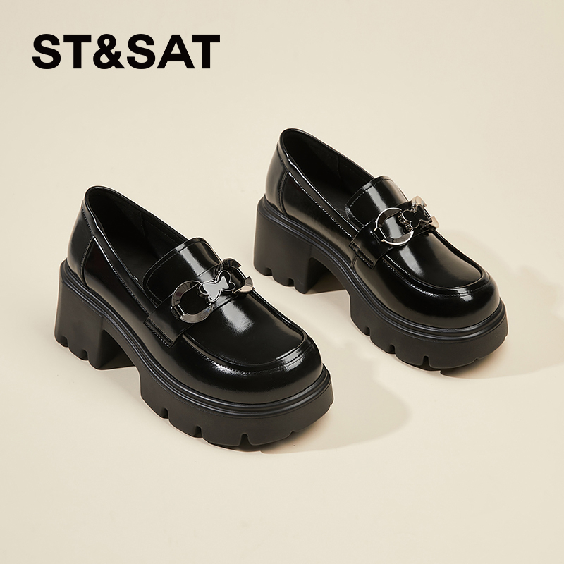 Saturday Thick-Soled Slip-On Loafers for Women, New Autumn Style, Chunky Heel, Black British Style Leather Shoes, Versatile Single Shoes