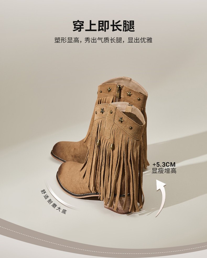 Западные Boots 星期六复古粗跟马丁靴女短靴2025新款磨砂流苏铆钉加绒西部牛仔靴 St&Sat