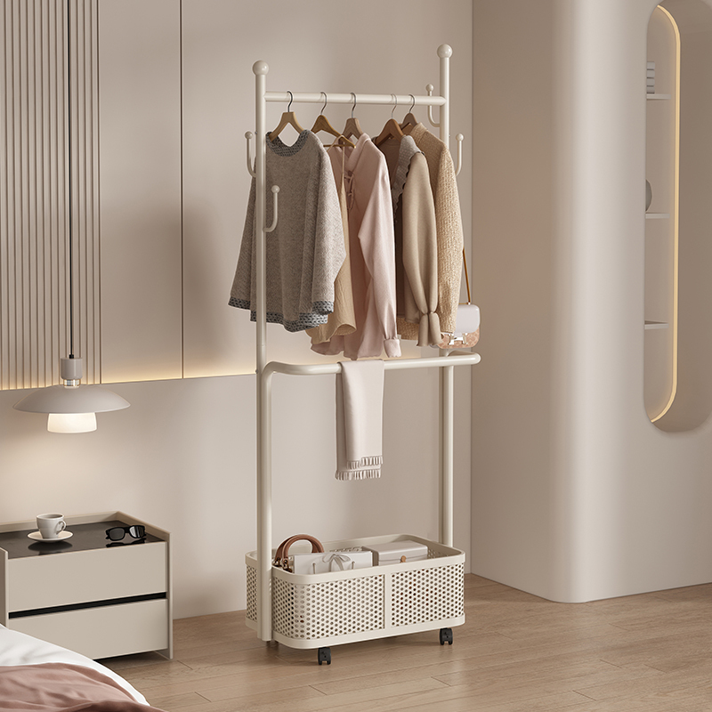 Tiejia Yuan Simple Wrought Iron Coat Rack for Bedroom, Movable with Wheels, Clothes Rack with Storage Basket, Square Shape