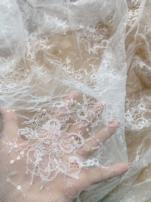 Thin Wedding Dress Base Fabric, Soft Touch, White Sequin Embroidered Lace Fabric