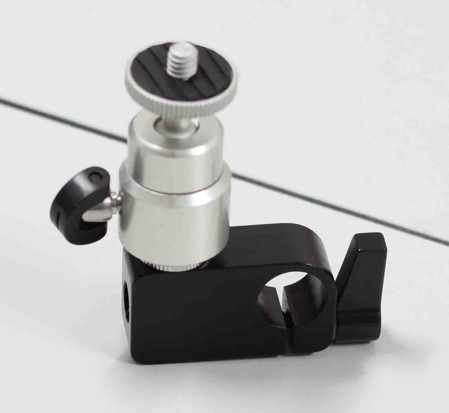 Small tripod head with gripping head rail tripod head accessory using 15mm pipe clamp