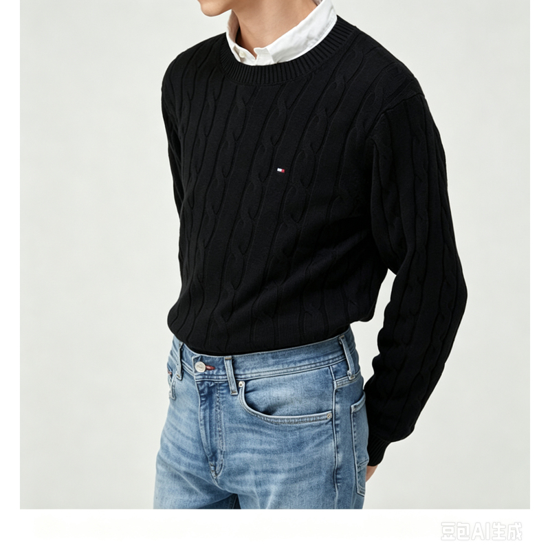 Tommy Hilfiger Men's Versatile Pure Color Twist Knit Crew Neck Sweater Autumn and Winter Retro British Style Sweater
