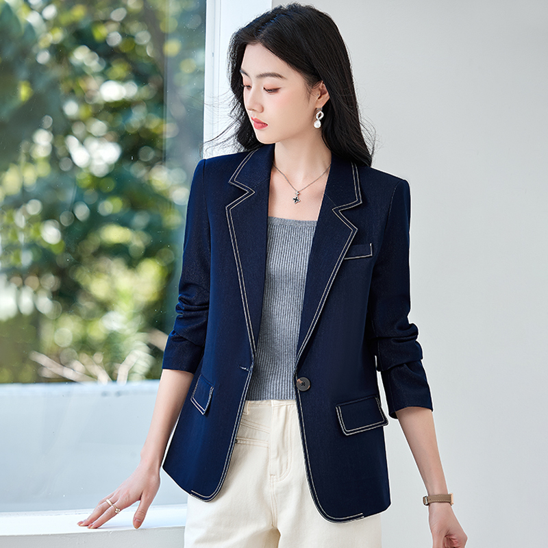 Navy Blue Blazer for Women, Spring and Autumn 2026 New Style, Casual and Work-Appropriate, with a Vintage Denim Suit Jacket