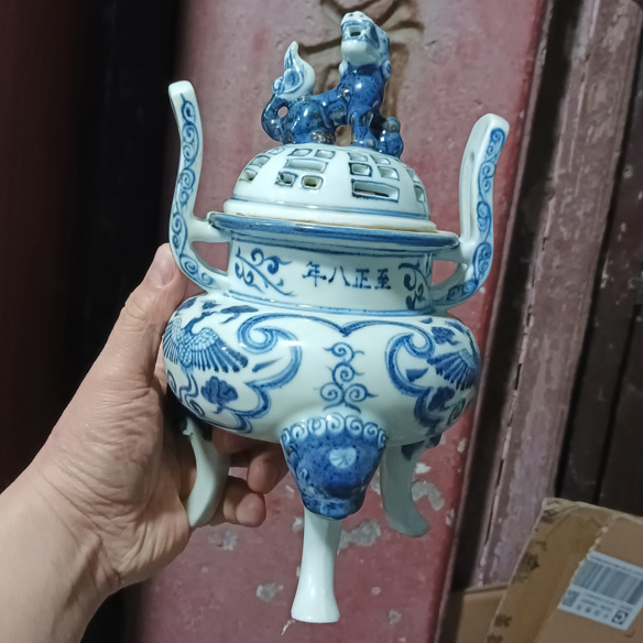 染付 明時代 人物 唐物 青花 香炉 中国美術 青花 祥瑞 時代 香炉 銀火屋 47g 唐物 香道具(YB599