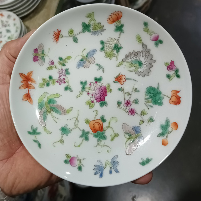 中国美術 古玩 清代 同治 六角粉彩皮球花紋樣 高足盤 清同治，粉彩洞石花鸟图六角盘《完好》 大清同治