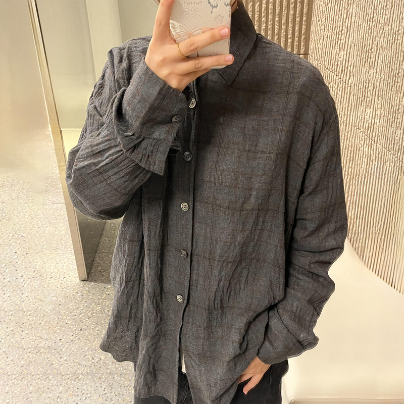 Our Legac Style 25Fw Gray Plaid Shirt, Lightly Washed and Distressed, Lazy and Loose-Fitting Shell-Button Shirt Our Legac Style 25Fw Gray Plaid Shirt, Lightly Washed and Distressed, Lazy and Loose-Fitting Shell-Button Shirt