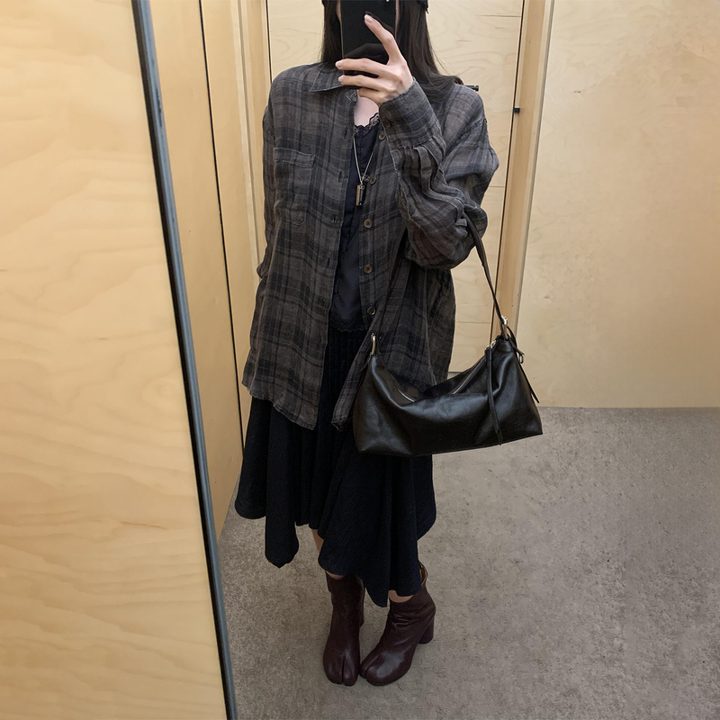 Our Legac Style 26Ss Black and Gray Plaid Shirt, Cotton and Linen Blend, Casual, Lazy, Loose Long-Sleeved Shirt