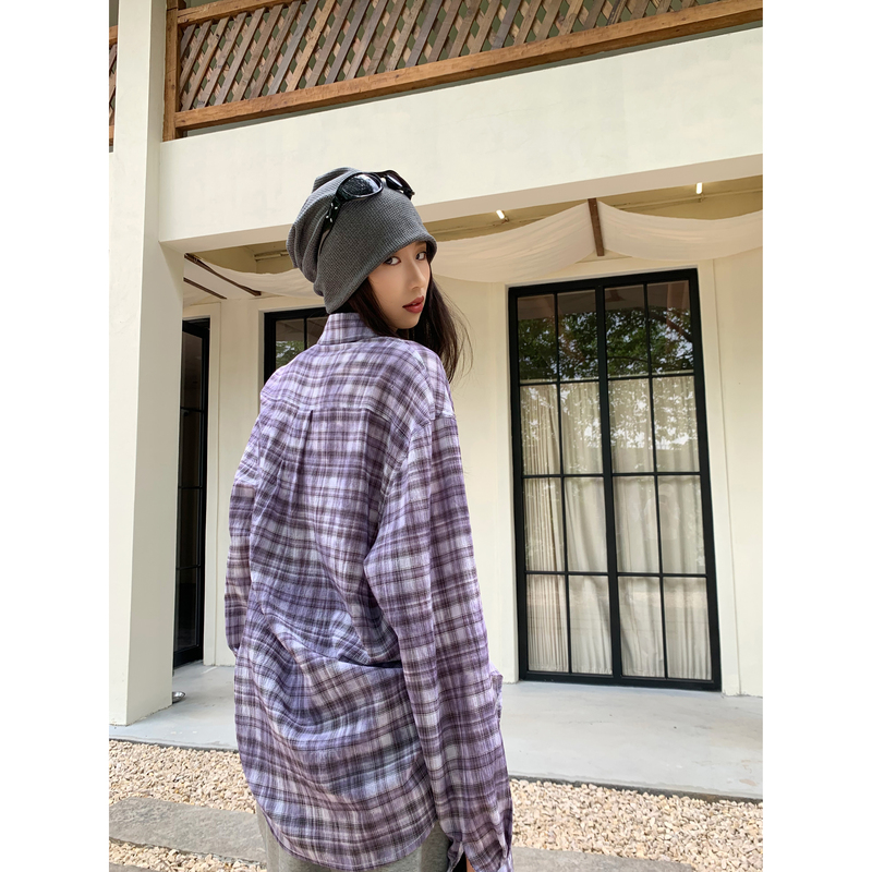Nuomici Purple Plaid Shirt for Women, Autumn and Winter, Loose American Style, Lazy Style, Long-Sleeved, Versatile Jacket Top