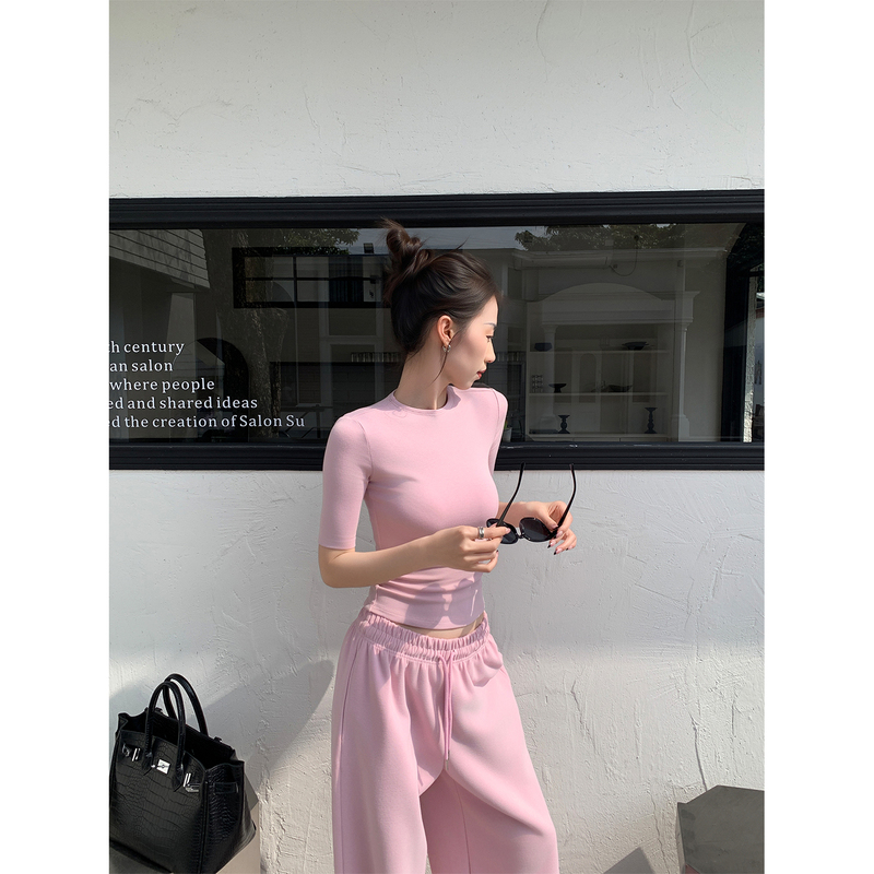 Nuomici Small Sexy Pink Stretchy Slim-Fit Short T-Shirt for Women, Basic Versatile Short-Sleeve Top