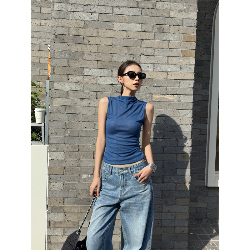 Nuomici American-Style Spicy Girl Half-High Collar Sleeveless Slim-Fit Summer Tank Top for Women