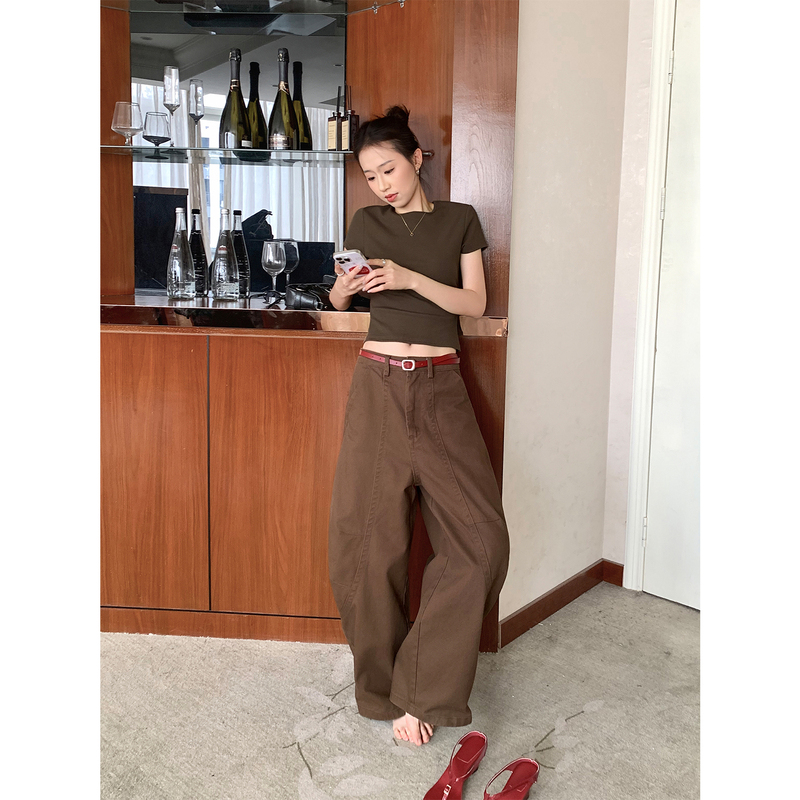 Nuomici American-Style Coffee Brown Loose Scimitar-Cut Jeans for Women, New Summer Low-Waist Slimming Drapey Wide-Leg Pants