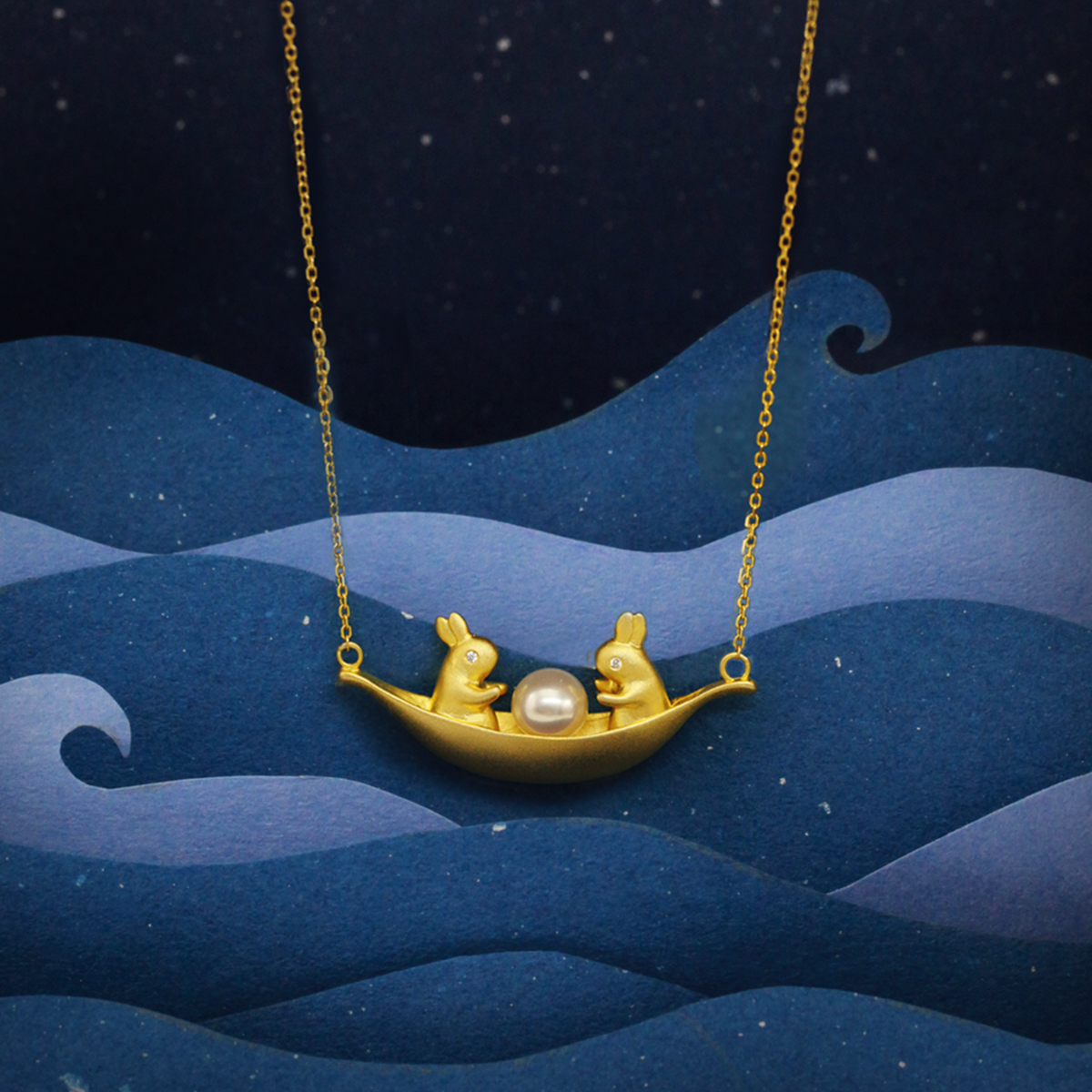 HeyJewel Sails Moon Boat Series Double Rabbit Pearl Boat Gold Necklace Creativity