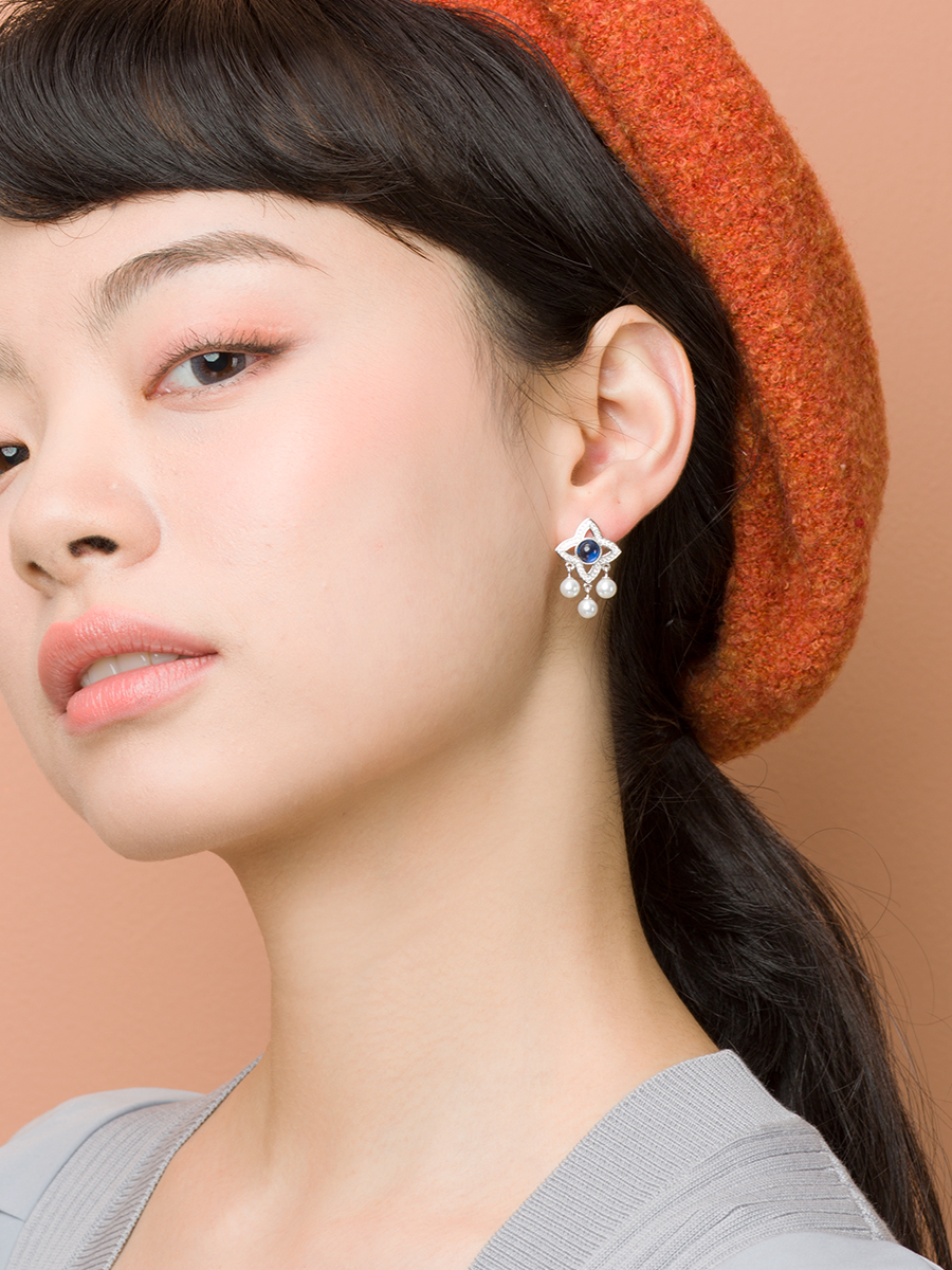 HeyJewel Rooyée Cross Flower 925 silver crystal drill Sapphire Pearl Earrings Original Spot