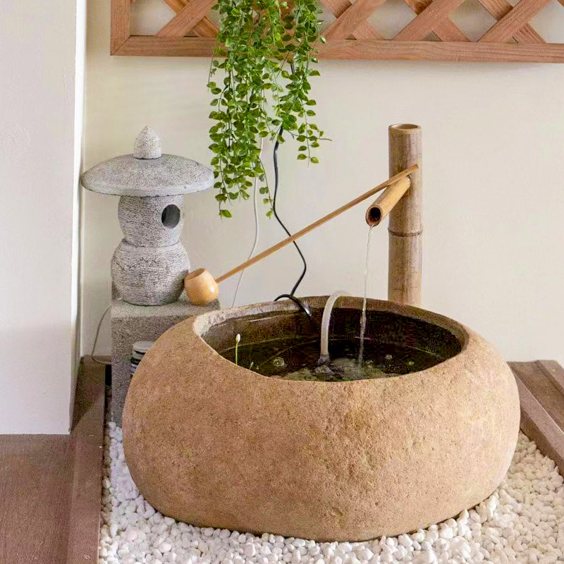 Cobblestone Stone Carved Fish Pond Fish Tank Day Style Flowing Water Landscape Indoor Outer Stone Bowl Bamboo Decorative Stone Trough