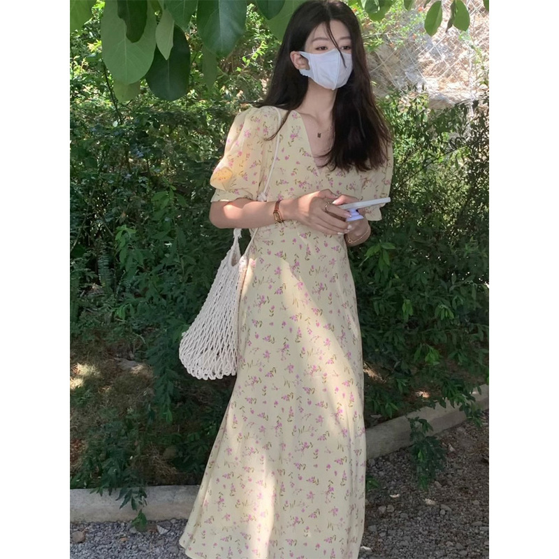 2026 Summer Korean Retro Design Elegant Waist-Cinching Slimming Short-Sleeve Floral Chiffon Long Dress for Women