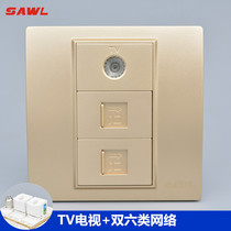 Champagne color 86 type dual Category 6 Gigabit network cable socket with wired socket three-position computer TV panel