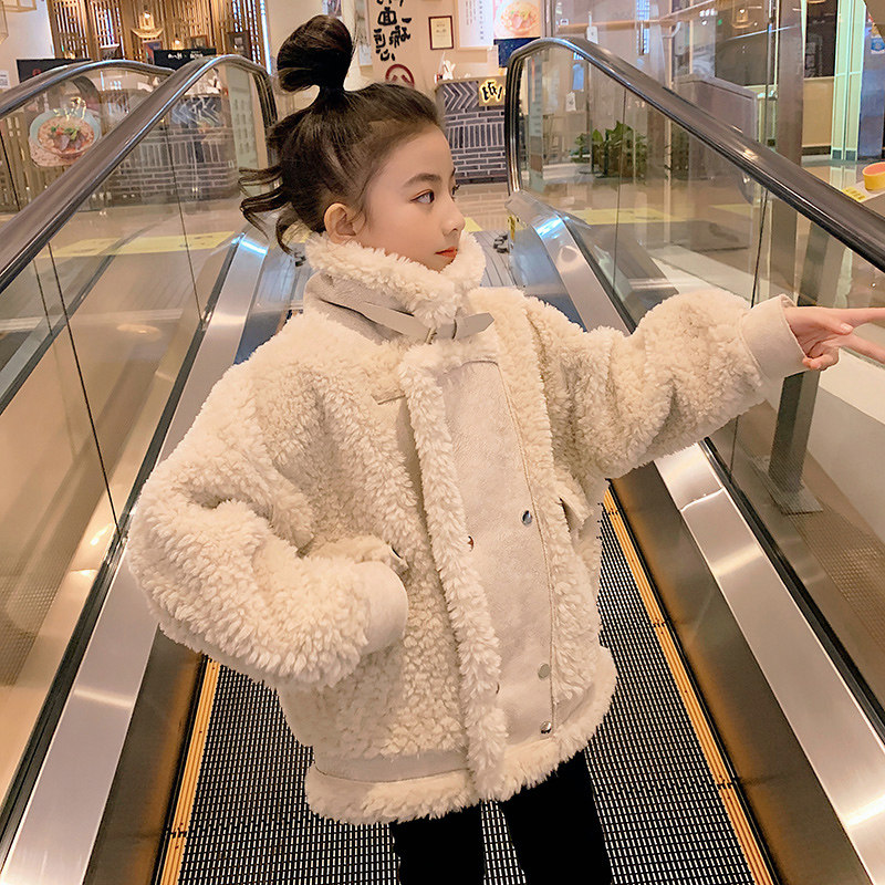 Korean girls autumn winter coat 2021 new foreign lamb hair medium and old children plus fleece and thick fur in one