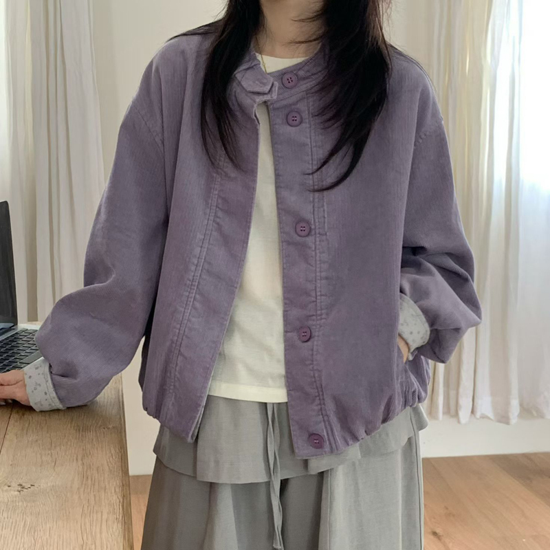 Korean Style Simple Casual Purple Corduroy Short Jacket for Women 2026 Autumn Gentle Sweet Stand Collar Jacket