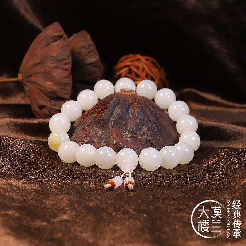 Authentic (Desert Loulan) fidelity Xinjiang Hetian jade seed material white jade palace eighteen son hand bracelet necklace